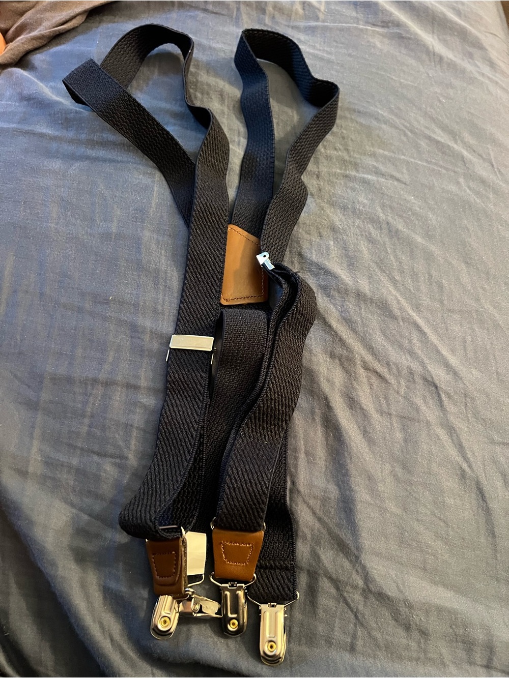 Men's Dark Navy Elastic Suspenders with Brown Leather Trim